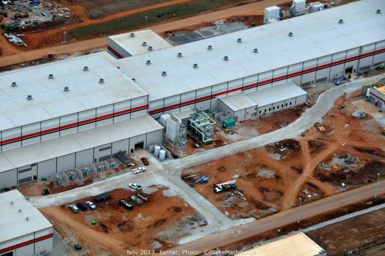 Aerial view steel products manufacturing facility.